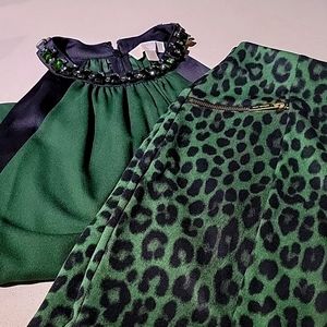 Michael  Michael  Kors  top with rhinstones with green leopard  skirt